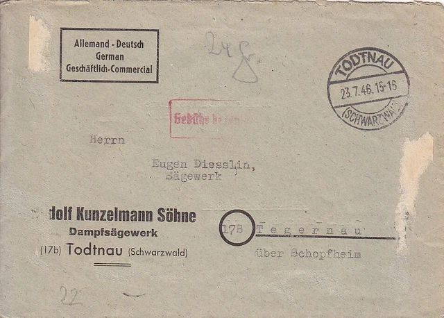 F.Zone - TODTNAU  (SCHWARZWALD)  - Gebühr bezahlt - Brief - 1946