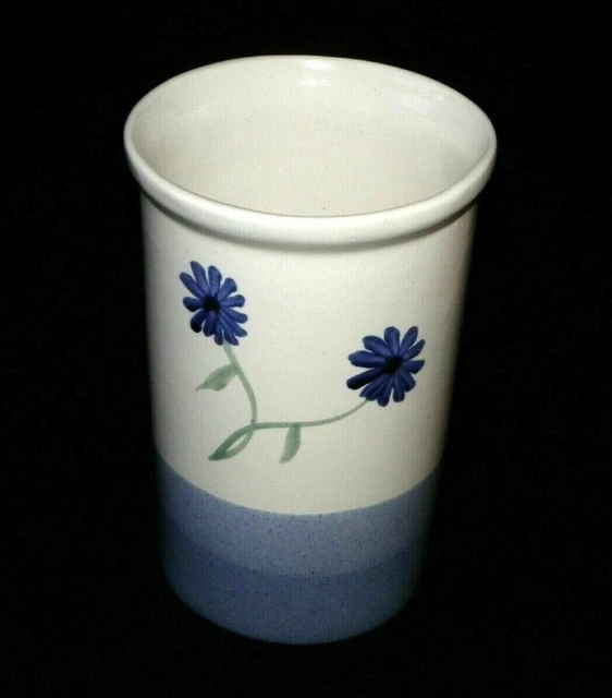 Vintage Ceramic Blue Planter Tall Decorative Cylinder Vase Hand Painted Planter