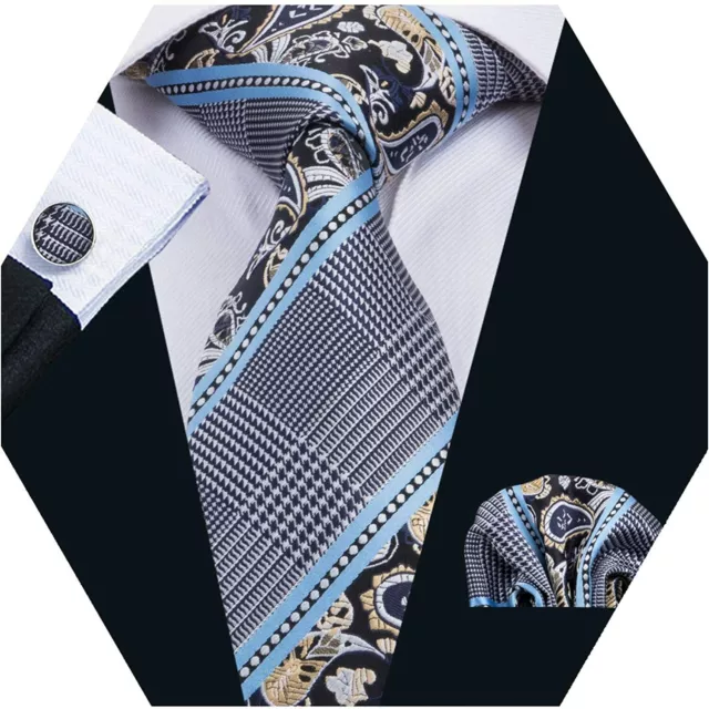 Barry.Wang Mens Plaid Check Silk Necktie Set Formal Dress Ties Pocket Square Cuf