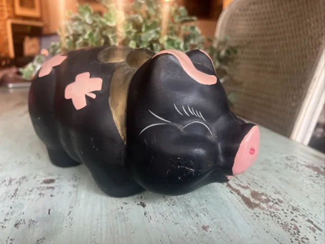 Hand painted Large Piggy Bank With Gold BOW Coin Pig Bank Vintage Ceramic