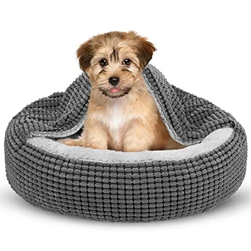 Small Dog Bed with Attached Blanket, Cozy Donut Cuddler S （23''x23''x6'') Grey
