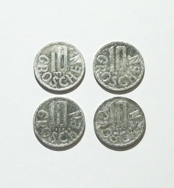 Austria 10 Groschen Coins from 1980, 1988, 1989, 1990