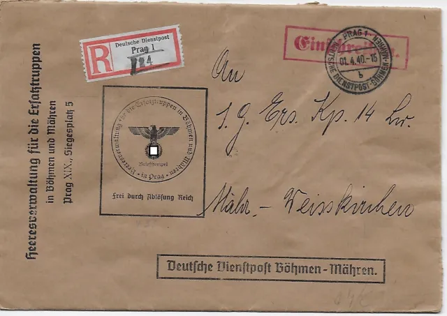 1940 Dienstpost Böhmen - Mähren - Einschreiben Prag - Weisskirchen