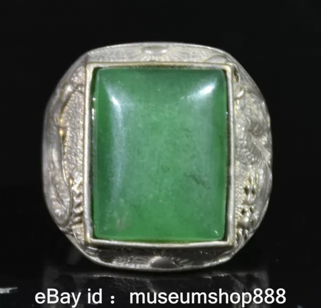 1.2" Rare Old Chinese Silver Green Gem Palace Dragon Phoenix Finger Jewelry Ring