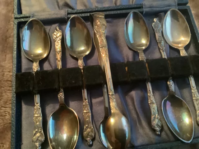 6 x Vintage Silver plated EPNS Apostle Teaspoons With Box And ice tongs 1940 2