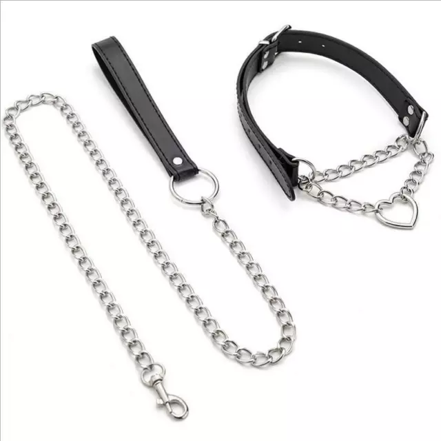 Soft Collar Pu Leather Metal Chain Leash Slave Neck Bondage Couples Restraints