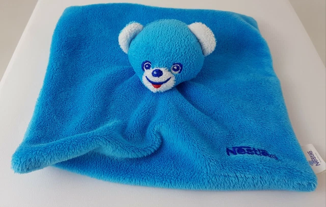 Doudou peluche petit ours bleu NESTLE carré plat 16 x 16 tout doux