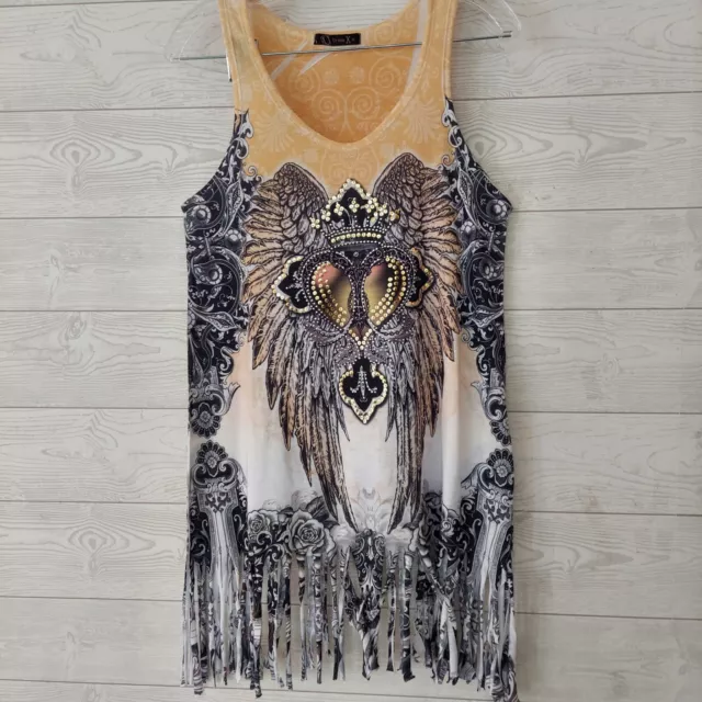 Embellished Wing Graphic Tank Top Medium Detail Fringe Long Shirt Biker Angel