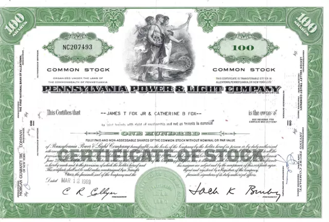 Stock Pennsylvania Power & Light 100 Shares 1969, Combined Shipping