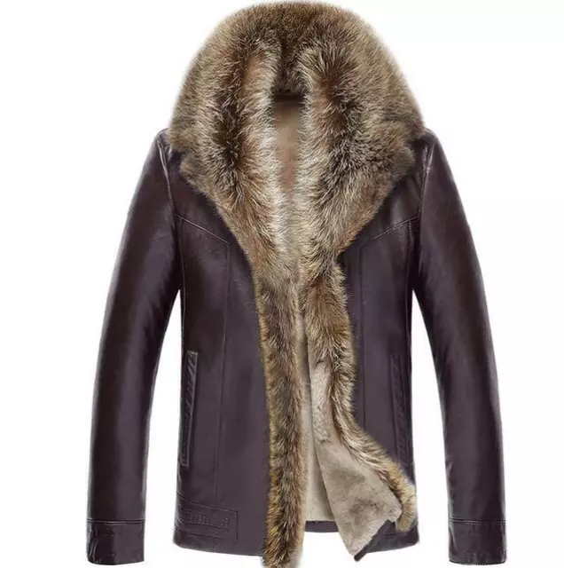 MENS BIG MINK Fur Collar Single Breasted Real Leather Lamb Fur Lined ...