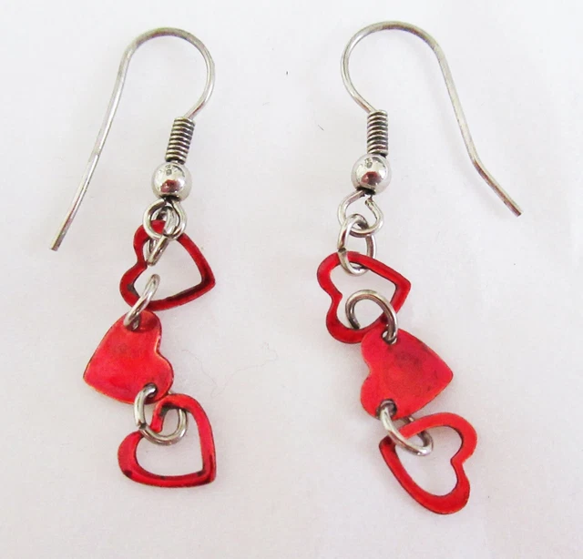 Vintage Petite Red Heart Dangle Contemporary Design French Hook #L90 Earrings