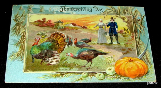 Thanksgiving 1911 Pilgrim Couple & Turkey Postcard Rafael Tuck's Embossed Art