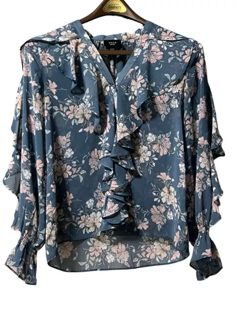 VICI Womens Size Small Blue Long Ruffle Sleeve Boho Floral Blouse