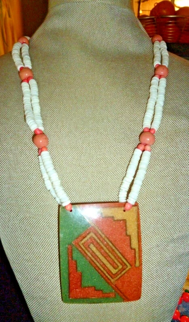 Vintage Shell Necklace 20" Large Handmade Pendant Pink Bead Puka