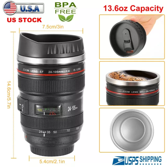 400ML Camera Lens Cup Coffee Travel Mug Thermos Stainless Steel Leak-Proof Lid