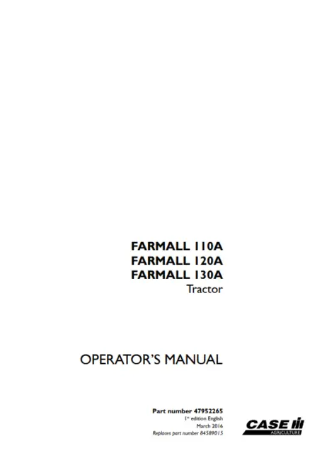 Case Farmall 110A 120A 130A Tractor Owners Manual Operators Manual PDF/USB