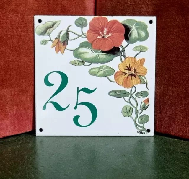 French vintage enamel house flower sign number 25 for door , gate , wall , entry