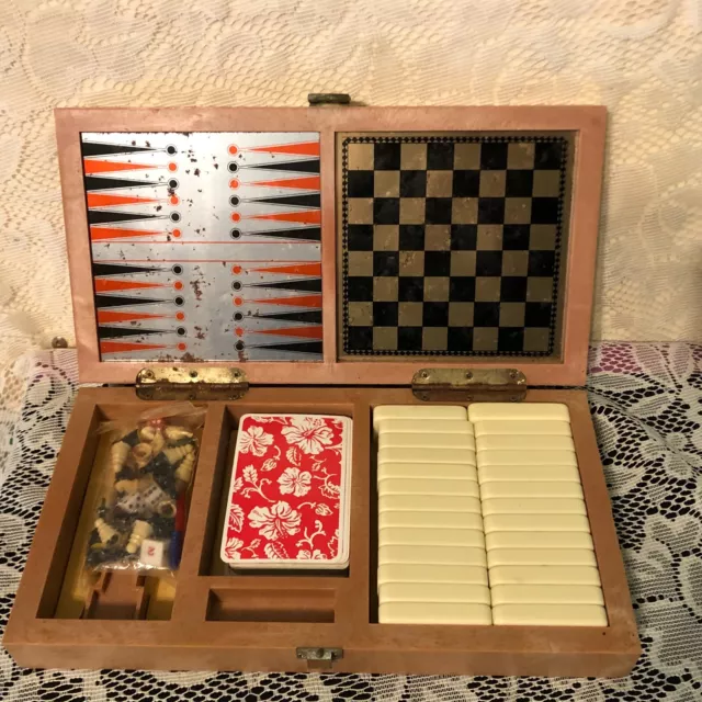 Vntg Magnetic Travel Game Set - Backgammon, Checkers, Chess, Cribbage, Domino a1