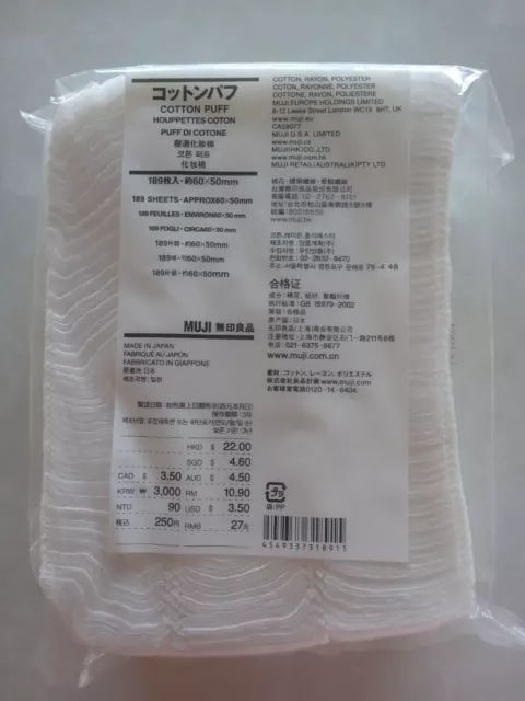 MUJI Japan White Cotton Puff 189 Pads 6 x 5 cm