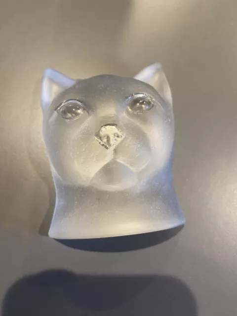 Vintage Nybro Sweden Art Glass Frosted Satin Clear Cat Head Paperweight w/ Tag