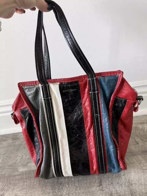 BALENCIAGA Black Grey Red White Multicolor striped S Bazar Shopper Tote Bag