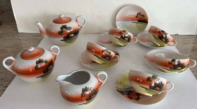 15pc Takito TT Hand Painted Yellow/Green Cherry Blossom Lusterware Tea Set, EUC!