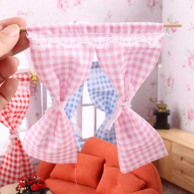 2x Dolls House Miniature 1:12 Scale Plaid Curtains Princess Room Windows Decor