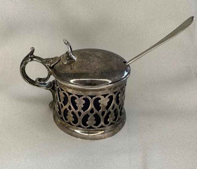 Antique Silver Plated Mustard Pot with Cobalt glass insert and spoon 1870s