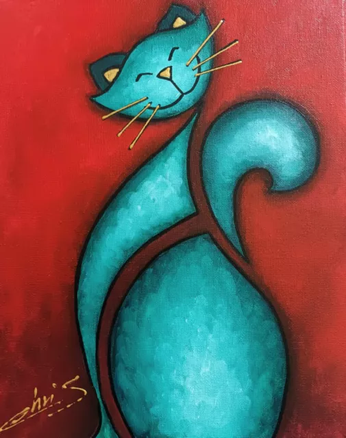 Tableau Peinture Toile Le Chat Turquoise N°4 Contemporain  Signe Chrisk