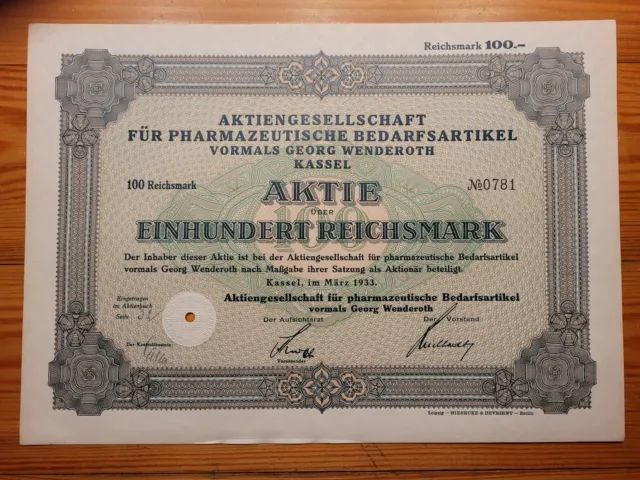 D: AG f. pharmazeutische Bedarfsartikel, Kassel, 1933, 100 RM, PHARMAZIE*