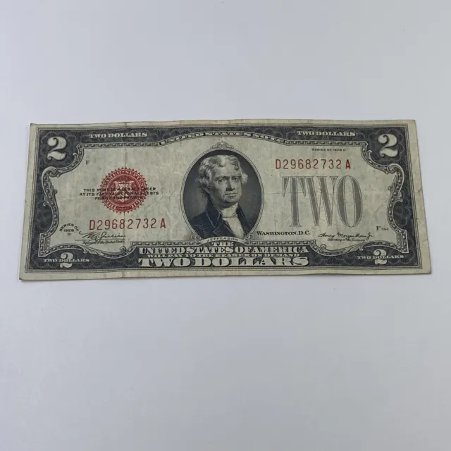 1928 Series D $2 US Two Dollar Bill Red Seal Note
