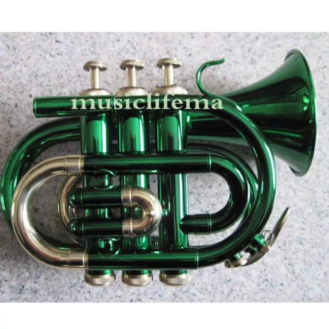 Funion Bb Pocket Trumpet Set B Flat Green Finish Case 7C Mouthpiece Gold Lacquer