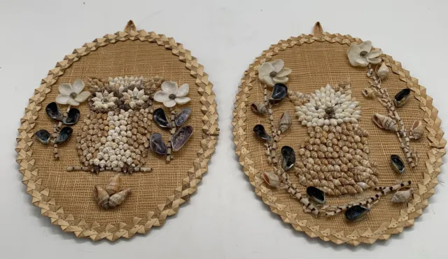 Pair Of 2 Vintage Shell Owl Wall Decor Flowers Wicker 8” x 10” EUC