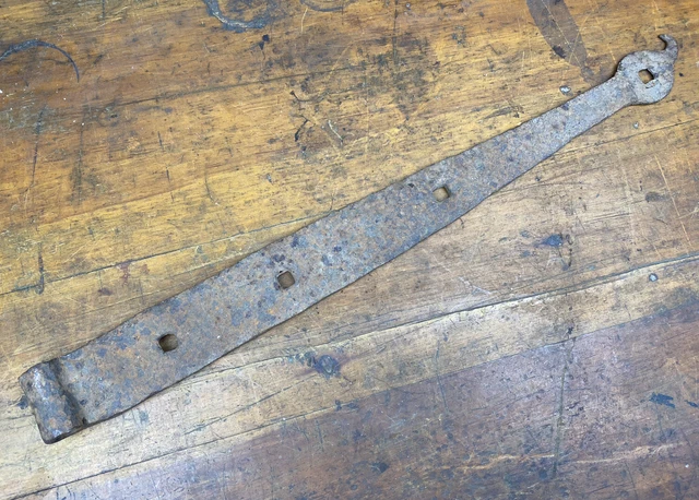 Antique 21"L Iron Strap Hinge w/ Lollipop Hook Tip, Hand Forged Door Hardware