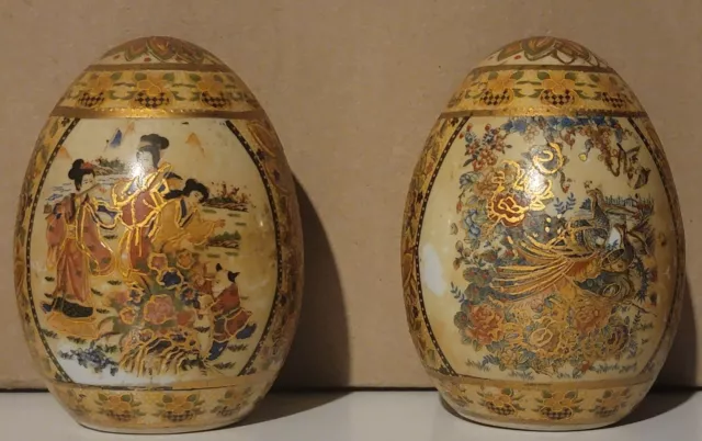 Vintage Hand Painted Chinese Oriental Porcelain Large Egg Geisha Pair (2)