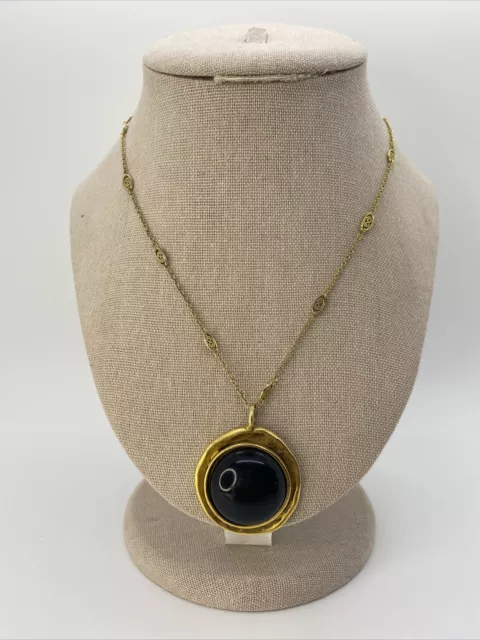 Allison Daniel Designs Gold Tone Hammered Black Cabochon Pendant Scroll Necklace