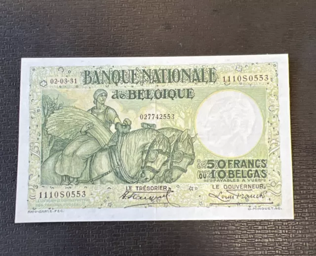 1931  Belgium, 50 Francs 10 Belgas Banknote - Uncirculated - crisp