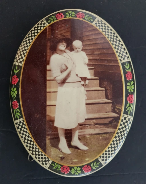 antique CELLULOID PHOTOGRAPH woman baby deco fashion FLORAL CHECK BORDER