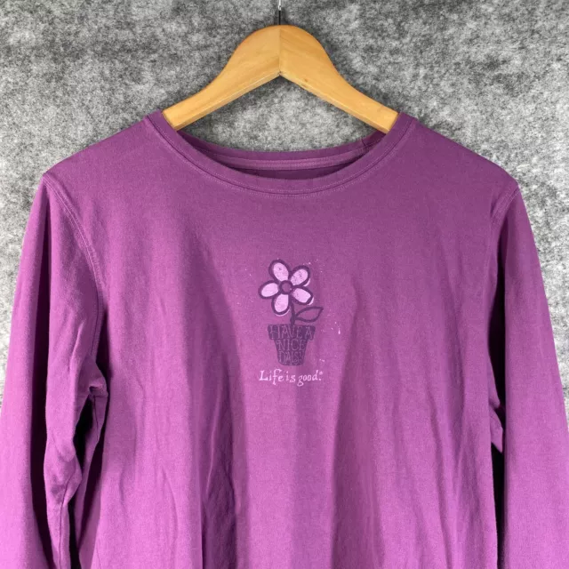 Life is Good Shirt Womens Large Purple Potted Daisy Flower All Cotton Logo Tag