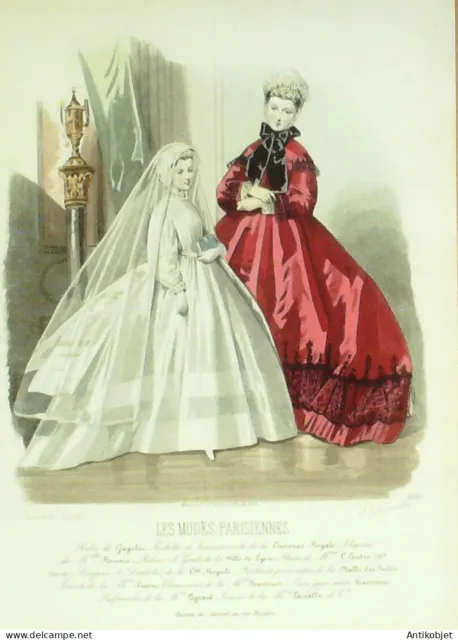 Gravure Modes parisiennes 1864 n°1098 Robe communiante et velours brodé