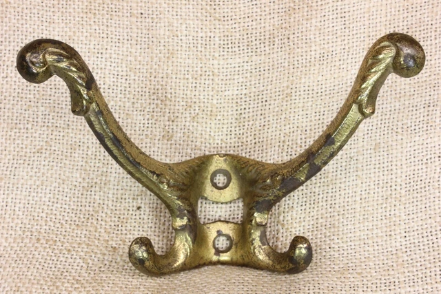 Old Hall Mirror Coat Hat Hook Double Arm Fancy Ferns Patina Brass Iron 5 1/8”