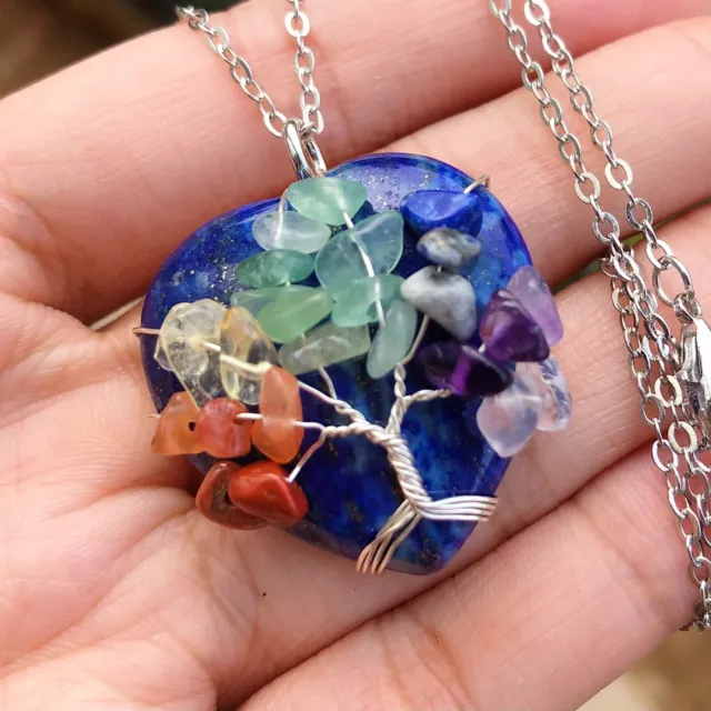 7 Chakra Lapis Lazuli Gem Stone Tree Of Life Heart Necklace Reiki Healing Amulet