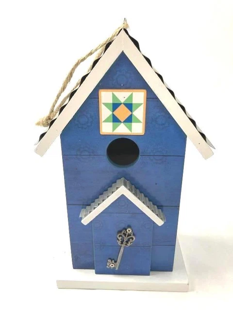 Blue Wood Bird House White Trim Corrugated Metal Roof 10 Inch Tall Wren Sparrow