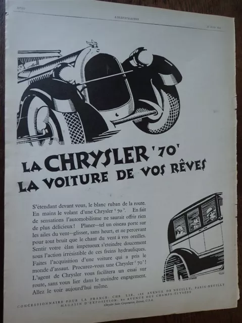 CHRYSLER 70 voiture + malle INNOVATION 33 publicité papier ILLUSTRATION 1927