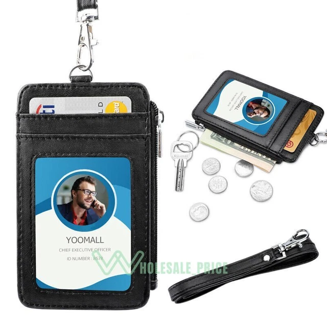 Badge Holder Leather ID Card Wallet Neck Lanyard Strap License With Zipper