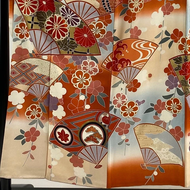 Japanese Silk Kimono Vintage Furisode Gold Fan KIku Flower Embroidery Cream 60" 2