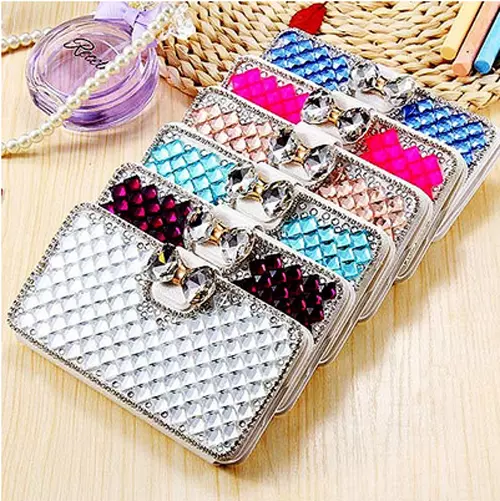 Women PU Leather Bling Glitter Bow Rhinestone Card Wallet Phone Pouch Case Cover