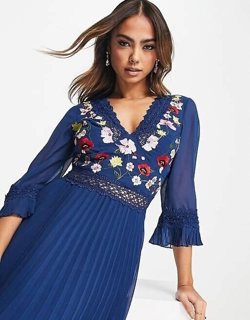 ASOS DESIGN LACE insert pleated midi dress with embroidery in navy. Size 10 55.33 - PicClick UK ASOS DESIGN LACE insert pleated midi dress with embroidery in navy. Size 10 55.33 - PicClick UK