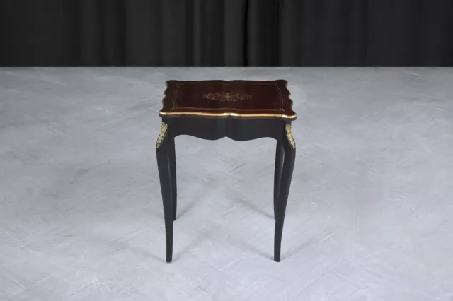 Elegant French Napoleon III Ebonized Marquetry Side Table with Brass Accents 2