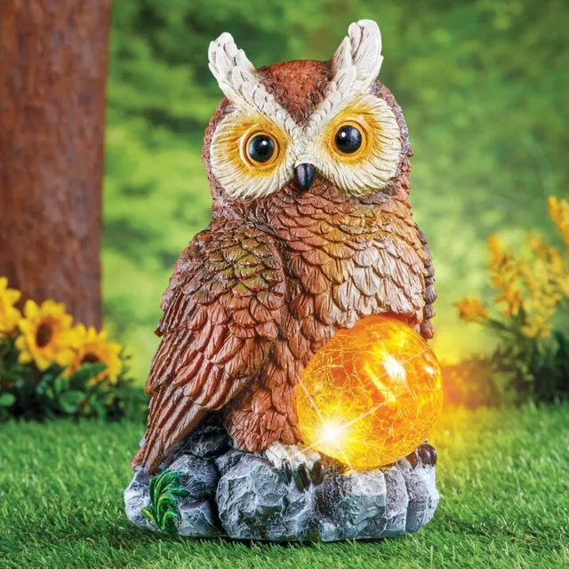 Solar Powered Lighted Brown Owl w/ Crackled Glass Gazing Globe Garden Statue